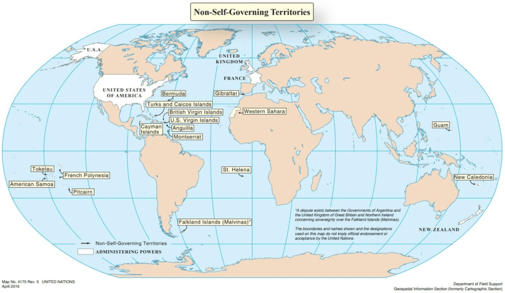Mapa de la ONU donde se detallan las colonias aún existentes en el mundo 
Fuente: www.un.org/dppa/decolonization/es/nsgt#_edn2