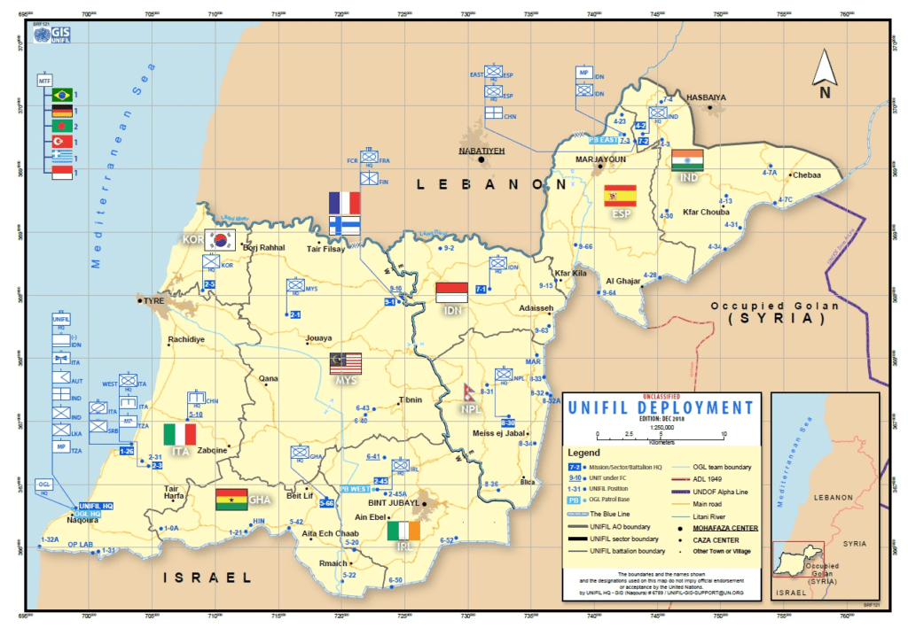 Distribución de las tropas de las Naciones Unidas en la misión UNIFIL, en la frontera entre el Líbano e Israel
Fuente:  https://unifil.unmissions.org/unifil-maps