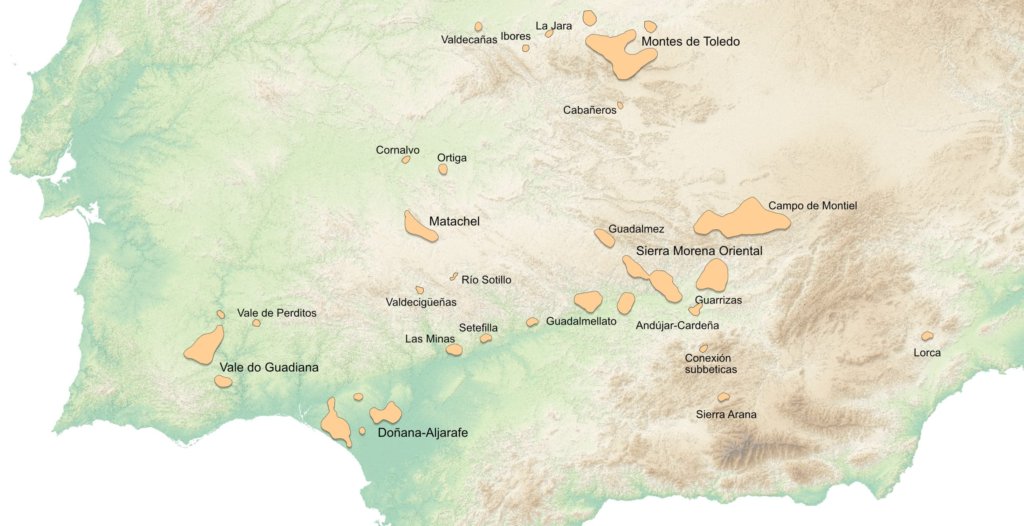 Áreas de distribución actual del lince ibérico en la Península Ibérica.

fuente: https://lifelynxconnect.eu/censos/