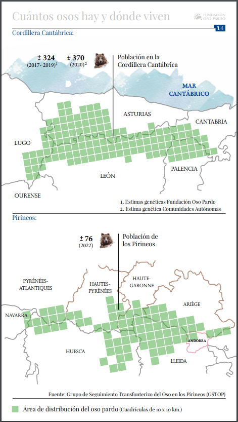 Distribución geográfica del oso pardo en los núcleos cantábrico y pirenaico. 

Fuente: https://fundacionosopardo.org/wp-content/uploads/2023/03/ficha1_2023_ESP_Marzo.pdf