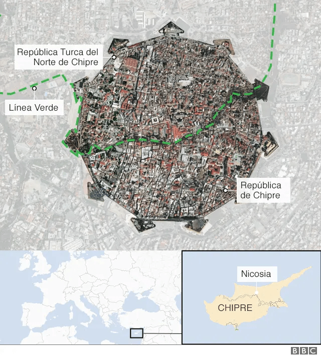 Imagen proporcionada por BBC Mundo mostrando la división de la ciudad antigua de Nicosia mediante un muro que impide el libre movimiento de sus habitantes.
Fuente:https://www.bbc.com/mundo/noticias-internacional-46055856