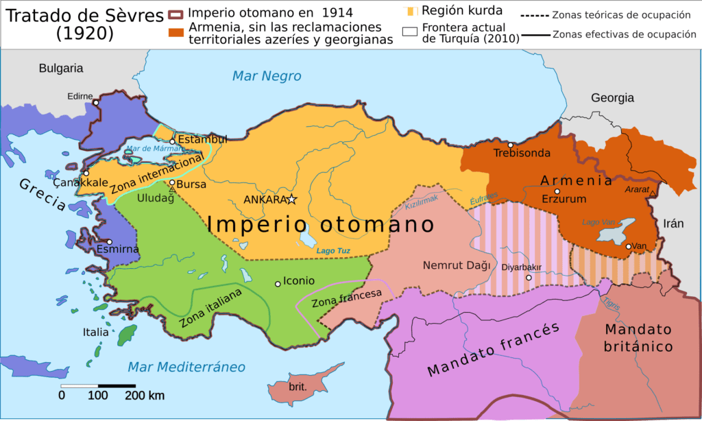 Partición de Anatolia sancionada por el tratado de Sèvres en 1920.
Fuente: https://es.wikipedia.org/wiki/Tratado_de_S%C3%A8vres#/media/Archivo:TratadoDeSevres1920.svg