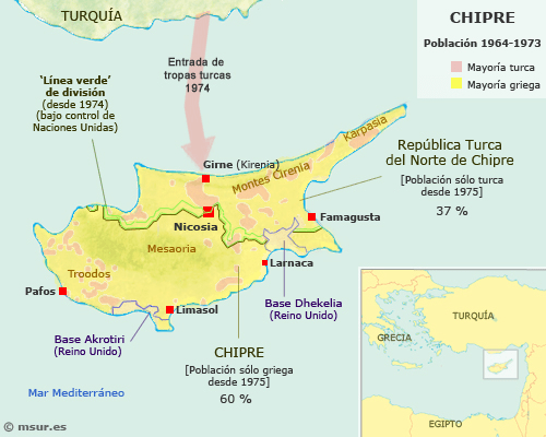 Mapa de la situación de Chipre tras el golpe de estado de 1974 y la invasión de las tropas turcas
Fuente: https://msur.es/fondo/conflictos/chipre/