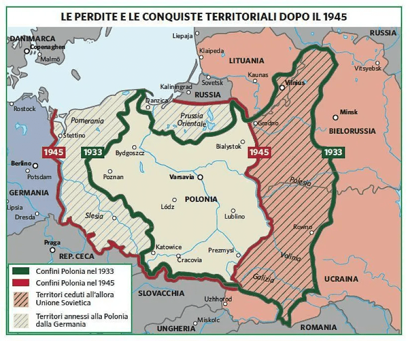 Tras la "liberación" de Polonia en 1945, las fronteras se trasladaron hacia el oeste, igual que millones de personas. La frontera oriental coincide casi en su totalidad con la Línea Curzón
Fuente: www.ponzaracconta.it
https://www.ponzaracconta.it/2021/09/04/settembre-1939-linvasione-nazista-e-sovietica-della-polonia-leccidio-di-katyn/