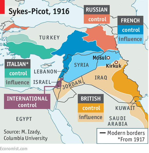 Áreas pactadas en el acuerdo secreto de Sykes-Picot, con las fronteras de los actuales países de la zona
fuente: www.economist.com
https://www.economist.com/special-report/2016/05/12/unintended-consequences