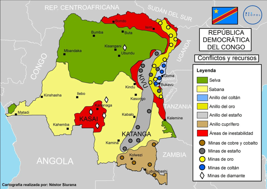 Mapa de los recursos mineros de la República Democrática del Congo
Autor: Néstor Siurana
Fuente: https://geopol21.com/republica-democratica-del-congo-el-nido-de-los-recursos-naturales/