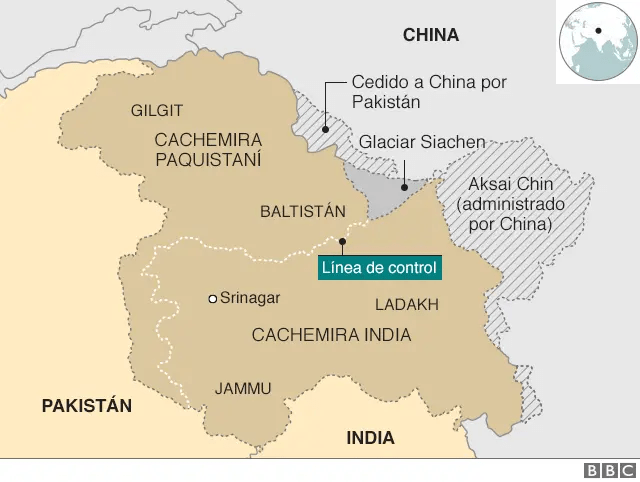 Mapa de la provincia de Cachemira que muestra las zonas administradas por India, Pakistán y China
Fuente: BBC 

https://www.bbc.com/mundo/noticias-internacional-49297592