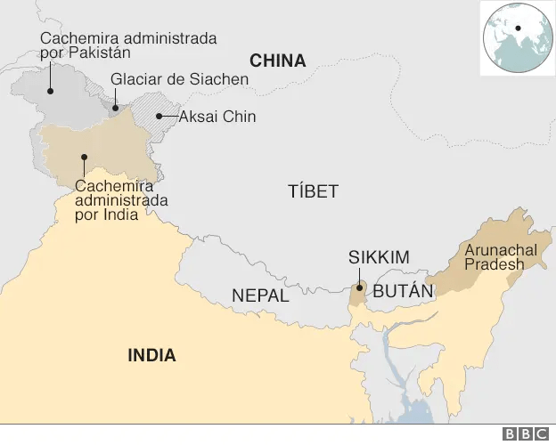 Mapa de la provincia de Cachemira que muestra las zonas administradas por India, Pakistán y China, así como otras áreas en disputa entre India y China
Fuente: BBC 