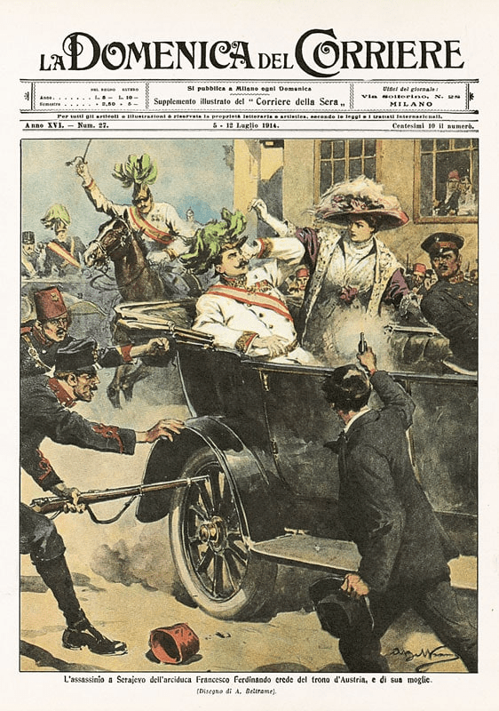 Portada del diario italiano La Domenica del Corriere, ilustrando el asesinato del archiduque Francisco Fernando en Sarajevo.
Fuente: Listal.com
https://www.listal.com/list/la-domenica-del-corriereworld-war