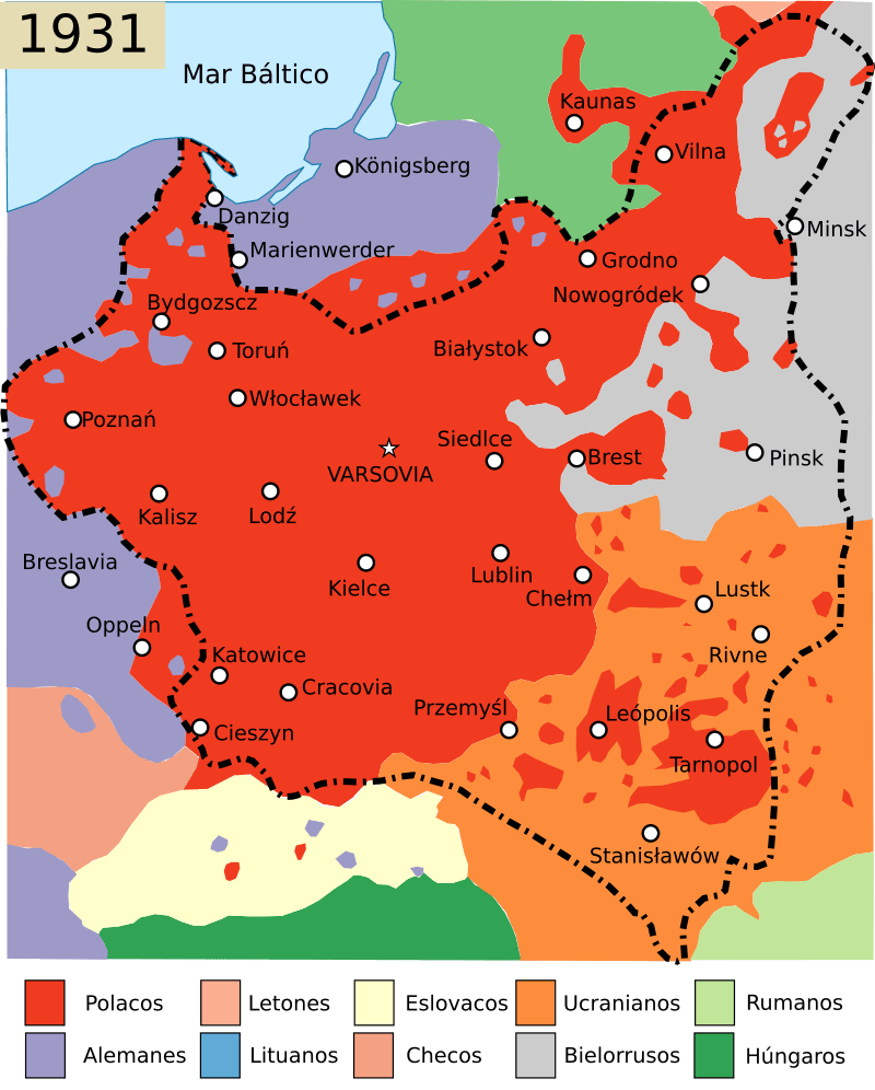 Composición étnica de Europa centro-oriental en 1931, Basado en los trabajos de Henryk Zieliński, coloreado y traducido en junio de 2007 por Krzysztoflew
Fuente: wikicommons
https://es.wikipedia.org/wiki/Segunda_Rep%C3%BAblica_polaca